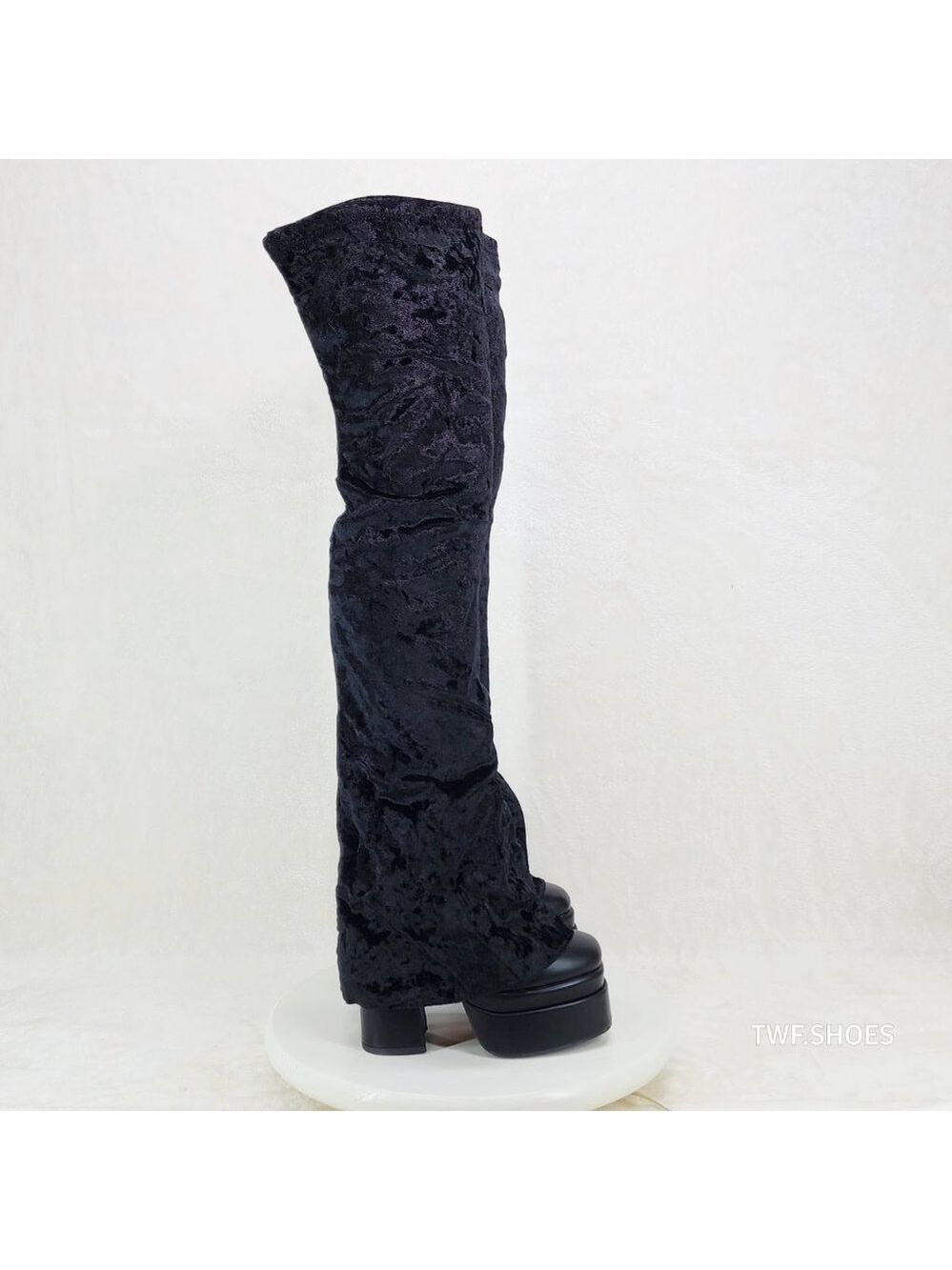 Unique Thigh High Black Velvet Fold over Skirted Chunky Heel Platform Boots - Picture 12 of 17